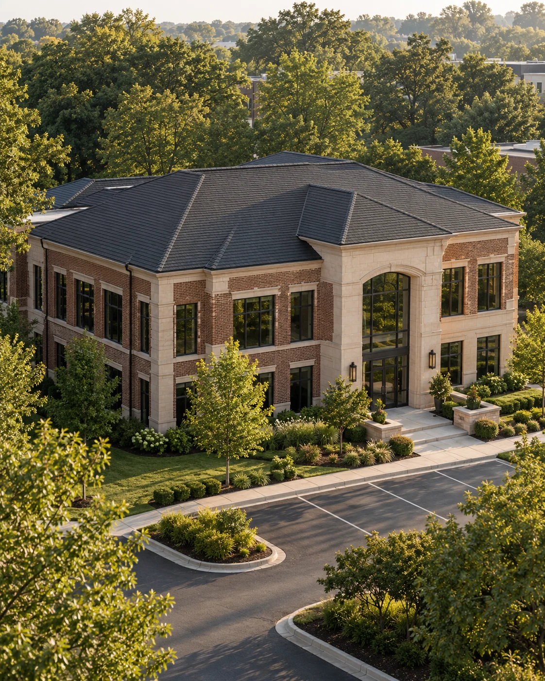 Illustrative aerial view of a brick commercial building