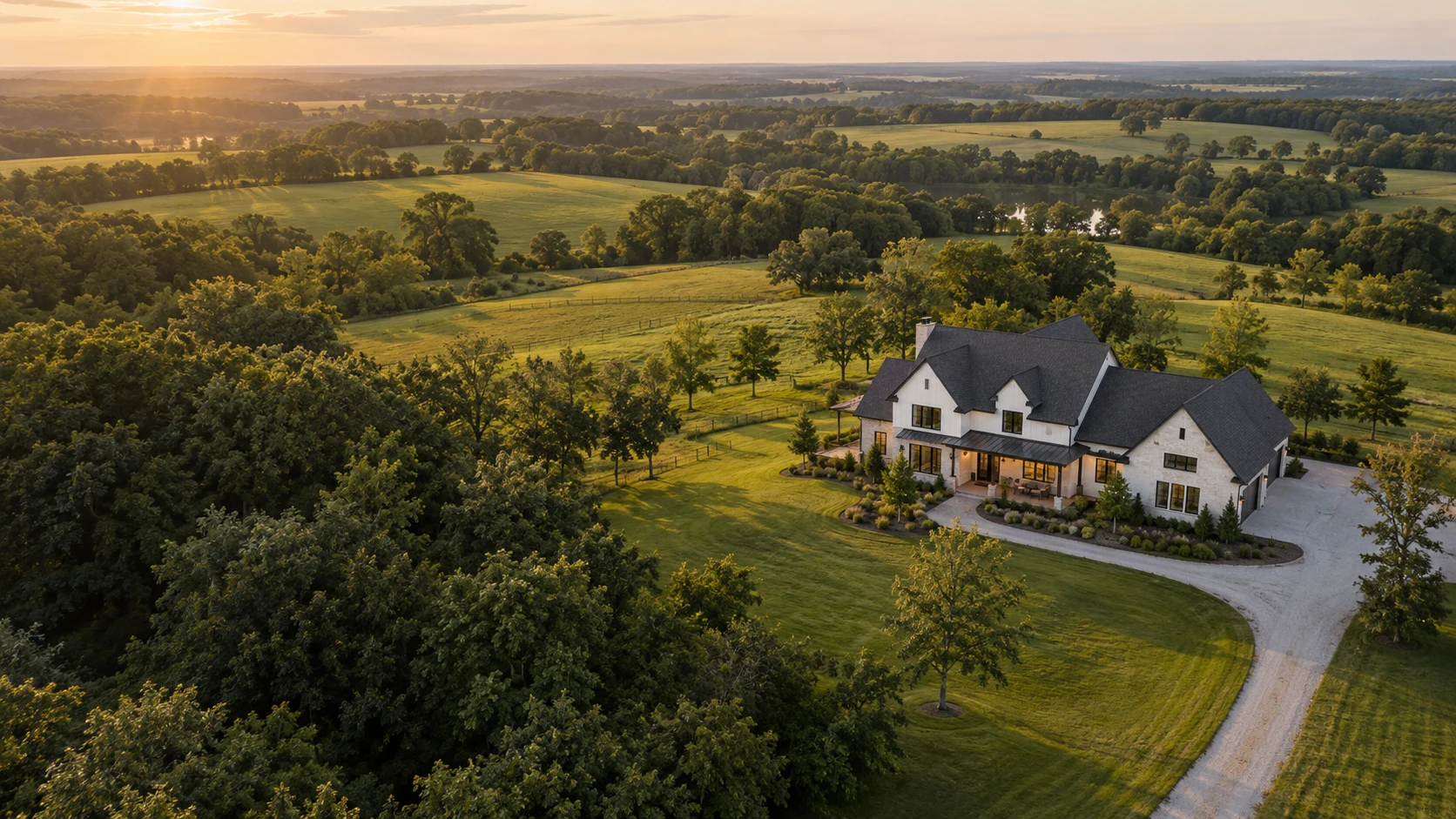 Illustrative aerial view of a Missouri-style farmhouse and countryside